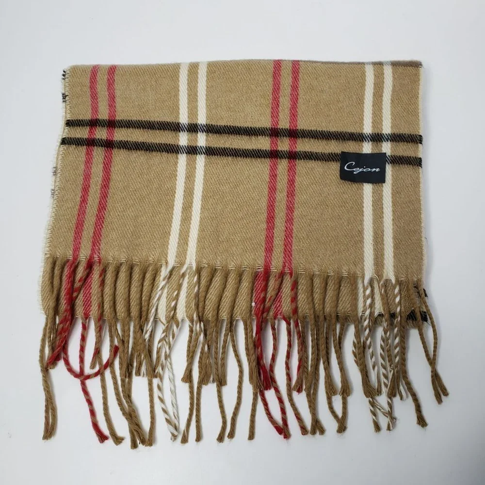 Cejon Women’s Plaid tan, red, black, cream Long Fringe Neck Scarf Warm Soft Wrap